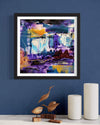 "Distant Shores" Signed Edition Art Print - Vibrant abstract landscape with splashes of purple, blue, and orange hues creating a dynamic and captivating artwork.
