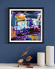"Distant Shores" Signed Edition Art Print - Vibrant abstract landscape with splashes of purple, blue, and orange hues creating a dynamic and captivating artwork.