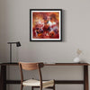 Colorful abstract art print titled "Little Secrets" displayed on a wall above a wooden desk and chair in a modern home office setting.
