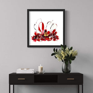 "Wedding Bells" Signed Edition Abstract Art Print - Vibrant Red and Black Artwork Displayed on Wall with Decorative Floral Arrangement