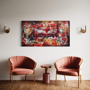 Vibrant abstract landscape artwork | Large canvas painting with bold colors and textures displayed in a modern living room setting with pink velvet chairs and gold accents
