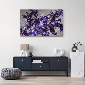 Large wall art for sale, including abstract paintings. A Modern interior with a dark blue cabinet, abstract purple painting, and decorative items.