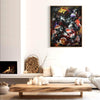 Large abstract canvas art in vivid colors on display in a modern living room interior with a white sofa, firewood, and candles.