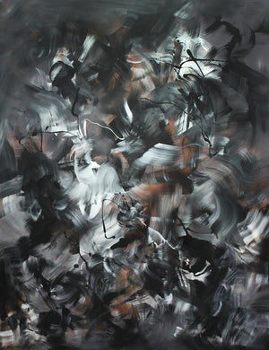 Chromatic Symphony 100x130cm - Abstract monochrome artwork with dynamic brushstrokes and vibrant splashes of color.