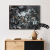 Chromatic Symphony 100x130cm - Abstract art painting with bold brushstrokes and contrasting colors, displayed on a wooden cabinet with minimal decor.