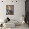Large abstract painting 'Golden Shadows' displayed on white wall in modern living room with minimalist decor.