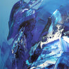 Vibrant abstract art piece featuring dynamic swirls of deep blue, violet, and white paint. Textured brushstrokes create a sense of movement and depth within the composition. The overall abstract design evokes a sense of emotion and movement.