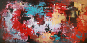 Vibrant abstract landscape painting with bold, earthy color palette and dynamic brush strokes. Large canvas art depicting a captivating modern scene.