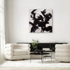 modern art for sale.This artwork showcases a bold interplay of dynamic black brushstrokes against a light grey canvas, creating a striking contrast. The sweeping motions convey a sense of energy and fluidity, reminiscent of calligraphic gestures. Each stroke is deliberate yet spontaneous, suggesting a dance between chaos and control. 
