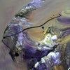 Vibrant abstract landscape artwork featuring earthy tones of brown, purple, and yellow. Textured brushstrokes and bold, swirling shapes create a dynamic, energetic composition. Large canvas painting showcasing the artist's unique abstract style.