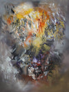 Large abstract painting with earthy color palette of browns, yellows, and purples. Textured brushstrokes create a dynamic, expressive composition. Displayed in a Paresh Nrshinga Abstract Art gallery, this modern artwork would make an eye-catching addition to any home or office.