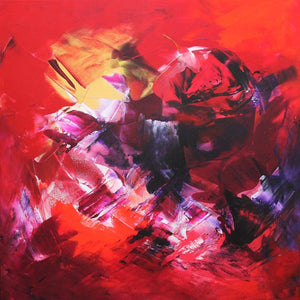 Abstract floral painting in vibrant shades of red, orange, and pink with energetic brushstrokes and a dynamic, expressive composition.