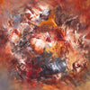 Earthy abstract painting in warm tones showcasing vibrant, expressive brushstrokes. Large, bold abstract artwork with a contemporary, modern style.