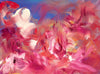 Vibrant abstract art featuring dynamic swirls of pink, orange, and red paint strokes against a blue background, creating a mesmerizing and energetic visual composition.