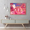Vibrant pink abstract art | Framed modern painting with dynamic brushstrokes and energetic color palette on display above wooden sideboard