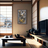 Large abstract painting | Golden Whispers I 22x36" 
Minimalist abstract art displayed in a modern Japanese-inspired interior with wooden accents, tea set, and natural lighting from windows.