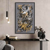 Minimalist painting | Golden Whispers I 22x36"
Large abstract artwork with earthy tones, browns, grays, and gold accents. Framed original canvas art displayed on a modern black console table against a neutral wall. Minimalist decor with simple lighting fixtures.
