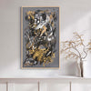 Minimalist abstract painting with golden and grey brushstrokes on canvas