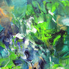 Vibrant abstract art with swirls of lush green, deep blue, and splashes of yellow. Textured brushstrokes create a dynamic, energetic composition. This original canvas painting showcases the artist's bold, expressive style.