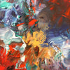 Vibrant abstract art with swirling, multicolored brushstrokes. Earthy tones of red, orange, and yellow blended with cool hues of blue and green create a visually striking, energetic composition. Varied textures and dynamic movement across the canvas make this a captivating, modern abstract painting.