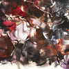 Vibrant abstract painting with dynamic brush strokes and a rich color palette of reds, browns, and grays, evoking a sense of movement and energy.