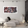 Extra large abstract landscape painting with earthy tones and constellation-like patterns displayed on the wall above a grey modern sofa in a minimalist living room setting.
