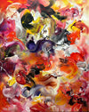 Vibrant abstract painting with swirls of bold, fiery colors including red, orange, yellow, and purple, creating a dynamic and energetic visual composition.