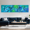 Teal Abstract | Aqua Dreamscape 24x90" - Large abstract landscape painting with vibrant blue, green, and white brushstrokes adorning the canvas, displayed above a modern black sofa in a minimalist living room setting.