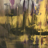 Large abstract artwork with earthy colors of brown, yellow, and purple. Textured brush strokes create a moody, atmospheric landscape. This original canvas art piece titled "Light of the World" would make an impactful addition to a modern home or office.