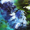 Striking abstract artwork with bold brushstrokes in vibrant blue, green, and white hues. Intricate patterns and textures create a dynamic, energetic composition.