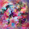 Vibrant abstract art on large canvas: Blended hues of pink, blue, and green create a dynamic, energetic composition. Bold brushstrokes and layers of color evoke a sense of movement and emotion. Captivating modern artwork for home or office decor.