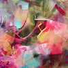 Vibrant abstract canvas art with swirling brushstrokes in earthy tones of red, yellow, and green, creating a dynamic and expressive modern artwork.