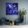 Blue Canvas Painting | Skyfall 100x100cm
Vibrant abstract art with swirling blue hues, displayed on a wall in a modern interior setting with comfortable chairs and a potted plant.