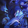 Vibrant blue abstract canvas painting featuring swirling, textured brushstrokes and dynamic movement, creating a captivating modern art piece.