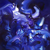 Vibrant abstract blue canvas art with dynamic, swirling brushstrokes and a bold, contemporary design.