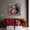 Gestural Art | Fire dance II 36x36" - Bold abstract painting with dynamic brush strokes in earthy tones, displayed above a red sofa in a modern living room setting.