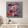 Vibrant abstract art painting with bold brushstrokes of red, purple, and orange colors on a gray canvas background, creating a modern and dynamic visual display.