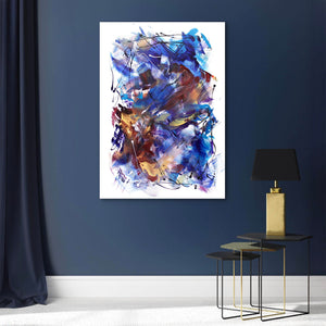 Large abstract painting of vivid blue, white, and brown brushstrokes on canvas, displayed on a dark blue wall alongside a minimalist side table and lamp.