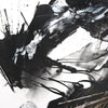 Dramatic monochrome abstract painting with bold, expressive brushstrokes and dynamic contrasts between light and dark elements.