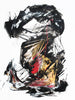 Abstract expressionist painting of bold, gestural brushstrokes in black, white, and vibrant colors depicting a dynamic, forceful composition.