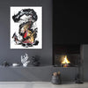 Expressive abstract artwork "Rise of the Dragon" - vibrant red, black, and white painting with dynamic brushstrokes, displayed on a dark wall with minimal decor.