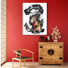 Expressive abstract painting titled "Rise of the Dragon" showcased on the red wall, complemented by a wooden cabinet and a chair in the modern room setting.