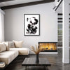 Elegant abstract artwork displayed in modern living room with cozy seating and fireplace