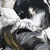 Monochromatic abstract art with flowing, swirling brushstrokes in black, white, and gold tones.