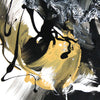 Dramatic abstract artwork with bold brushstrokes, contrasting black and golden hues, and fluid, dynamic shapes.