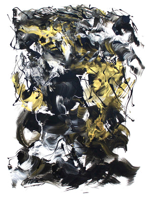 Captivating abstract artwork with bold, dynamic brushstrokes in black, white, and vibrant yellow hues, showcasing a modern and striking artistic expression.