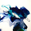 Abstract expressionist painting of swirling blues, greens, and black shapes against a white background