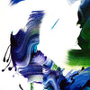 Vibrant abstract art with sweeping brushstrokes of blue, green, and white paint.