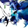 Abstract art canvas with dynamic swirls of blue, green, and white paint strokes