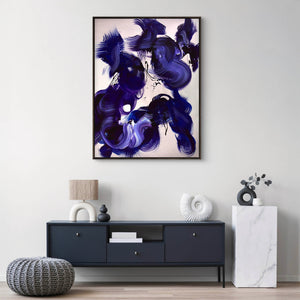 "Echoes of the Storm" is a striking abstract painting that captures the raw energy and quiet aftermath of a passing tempest. Set against a light grey background, bold swirls of navy and subtle hints of purple move across the canvas like windswept currents, evoking both power and calm. The fluid brushstrokes create a sense of motion and depth, inviting the viewer to feel the lingering force of nature’s surge. This large, original artwork is painted on canvas with sides finished, ready to hang and make a stat